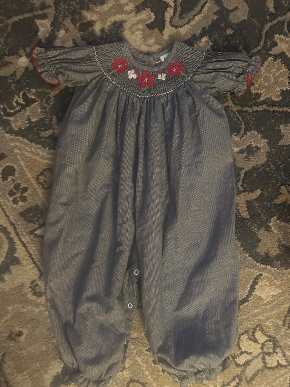 Gray Smocked Floral Baby Romper with Red Embroidery Zuccini brand!  Super cute!